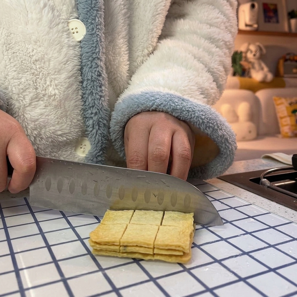 Un cuchillo grande cortando una lámina amarilla de pastel de pescado en trozos cuadrados de tamaño de un bocado sobre una tabla de picar.