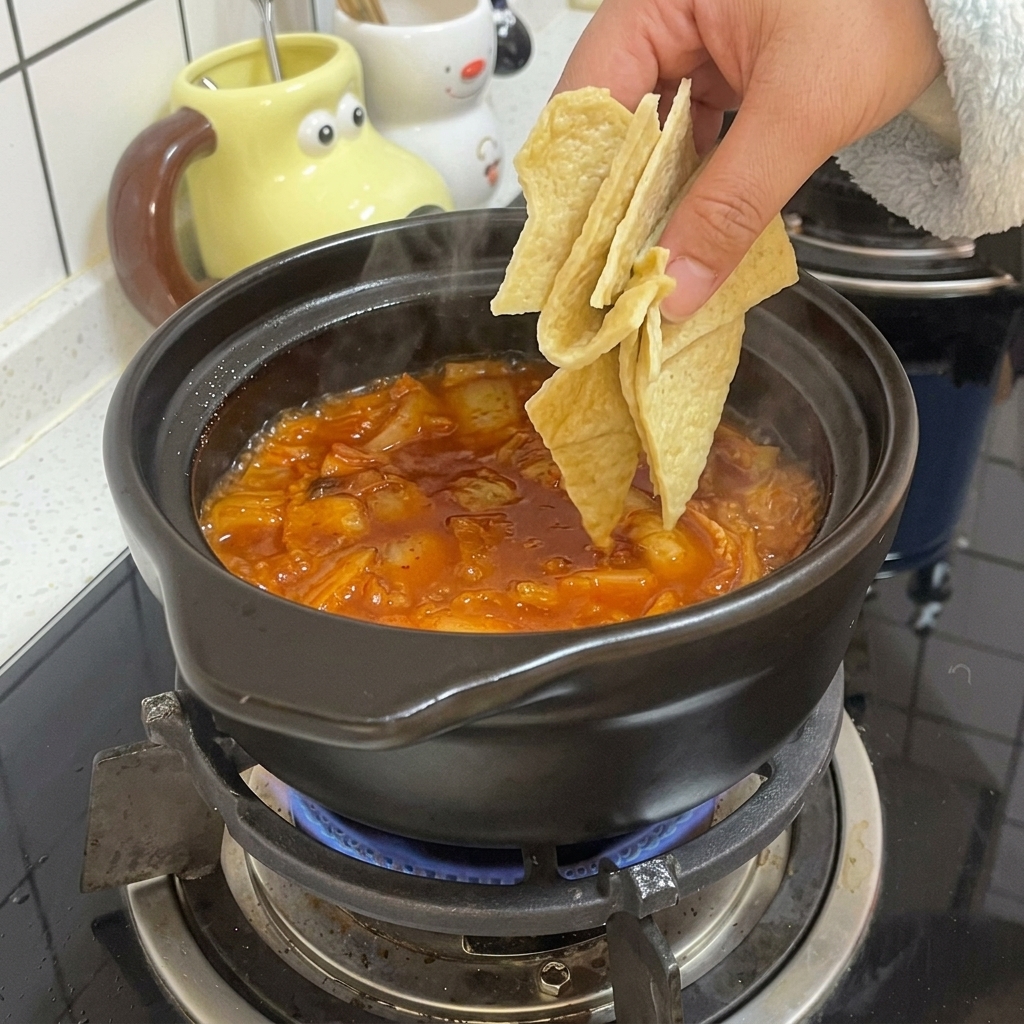Una mano añadiendo trozos triangulares de pastel de pescado a un estofado rojo que hierve a fuego lento en una olla de barro negra.