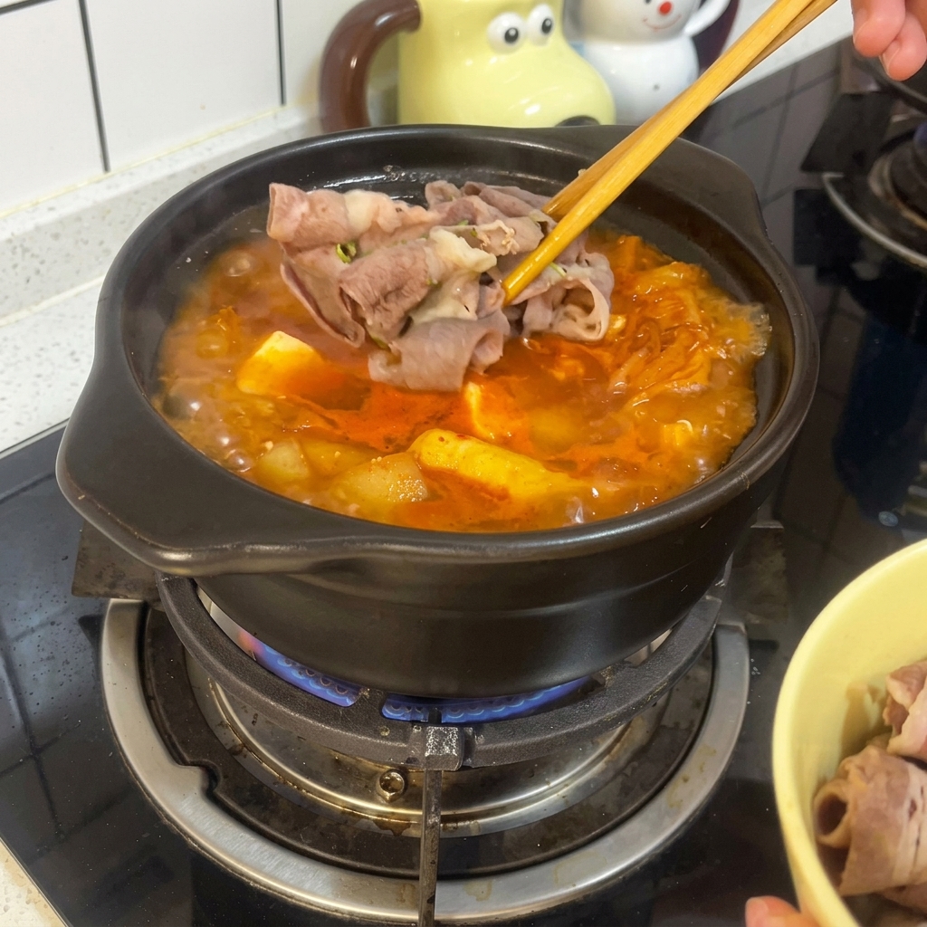 Palillos colocando rollos de carne de res precocinados sobre un estofado picante de tofu y kimchi en una olla de barro.