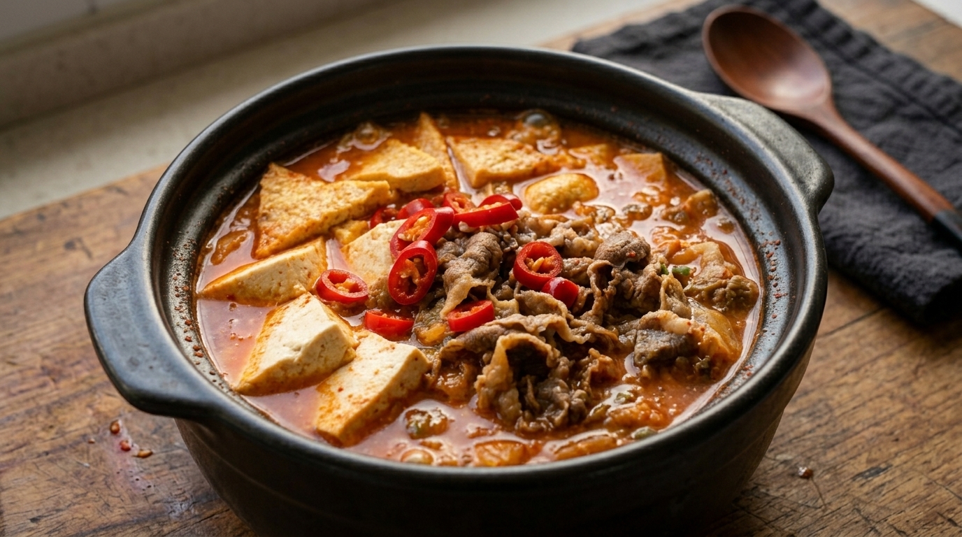 Estofado coreano picante de kimchi con carne y tofu suave (Kimchi Jjigae)