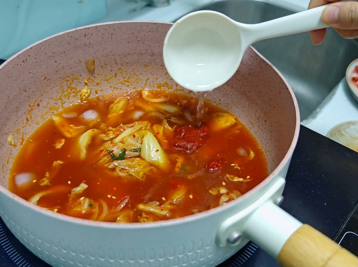 Un cucharón blanco vertiendo agua clara en una sartén rosa llena de caldo de sopa de kimchi rojo a fuego lento.