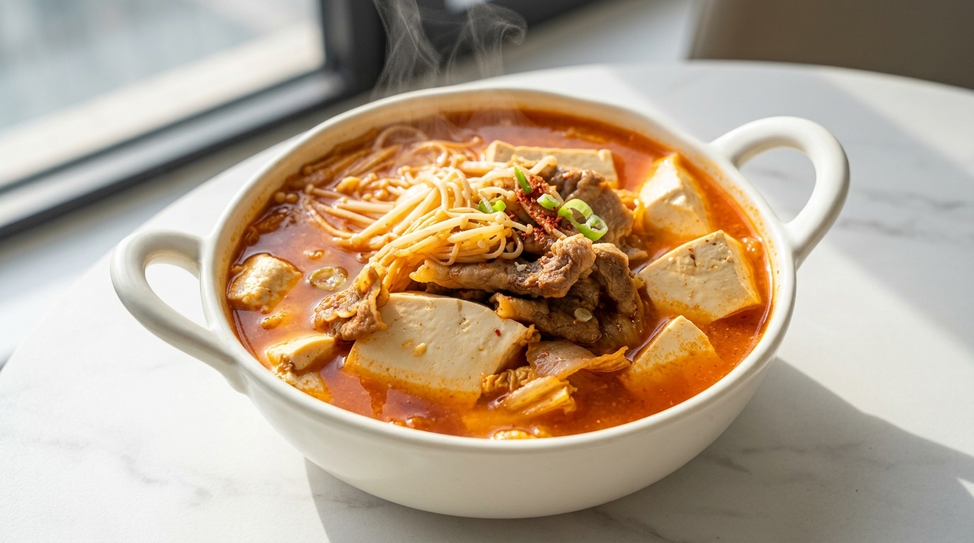 Sopa Coreana Picante de Kimchi con Tofu y Carne de Res