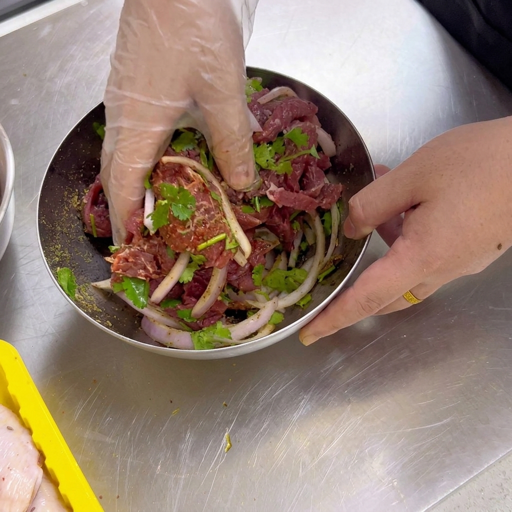 Una mano con un guante de plástico transparente mezcla láminas de ternera cruda con cebolla, cilantro y especias de comino en un bol de acero inoxidable.