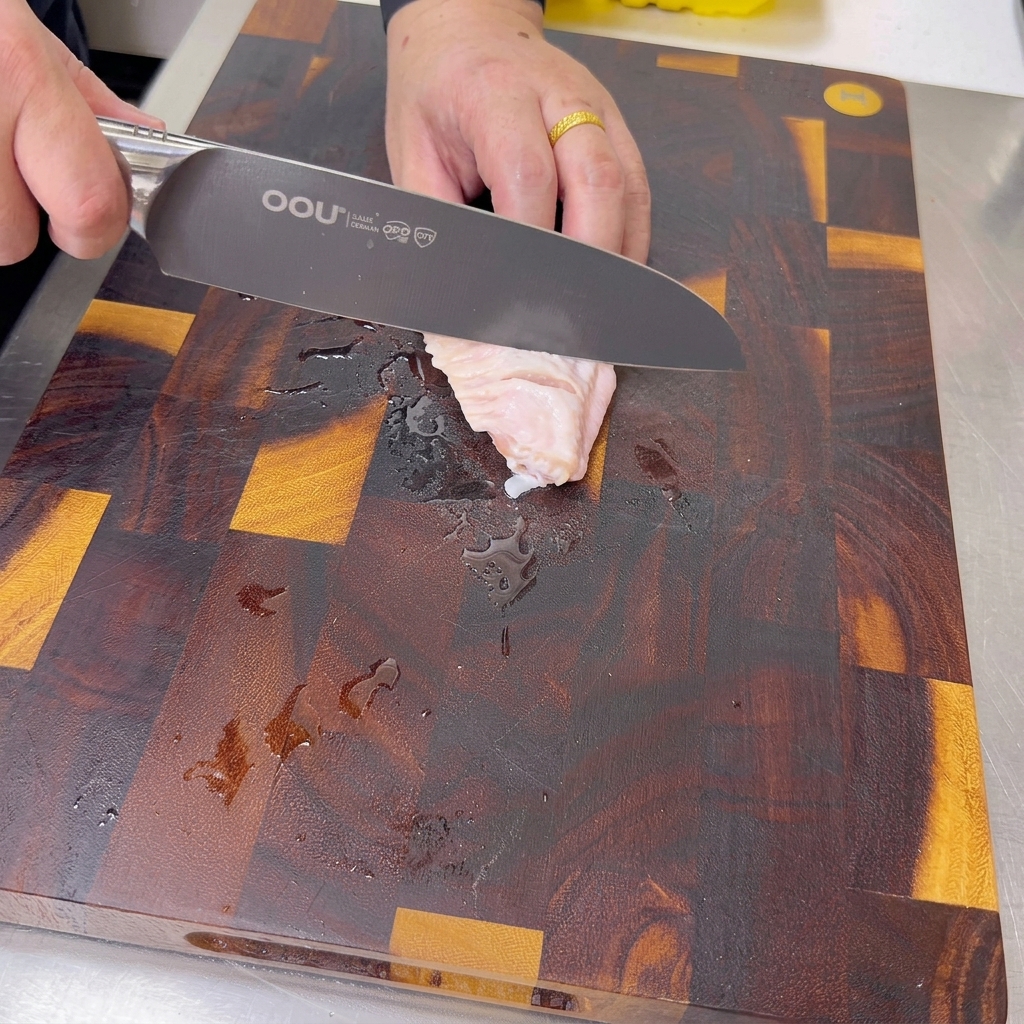 Un cuchillo afilado realiza pequeños cortes diagonales en una alita de pollo cruda sobre una tabla de cortar de madera oscura.