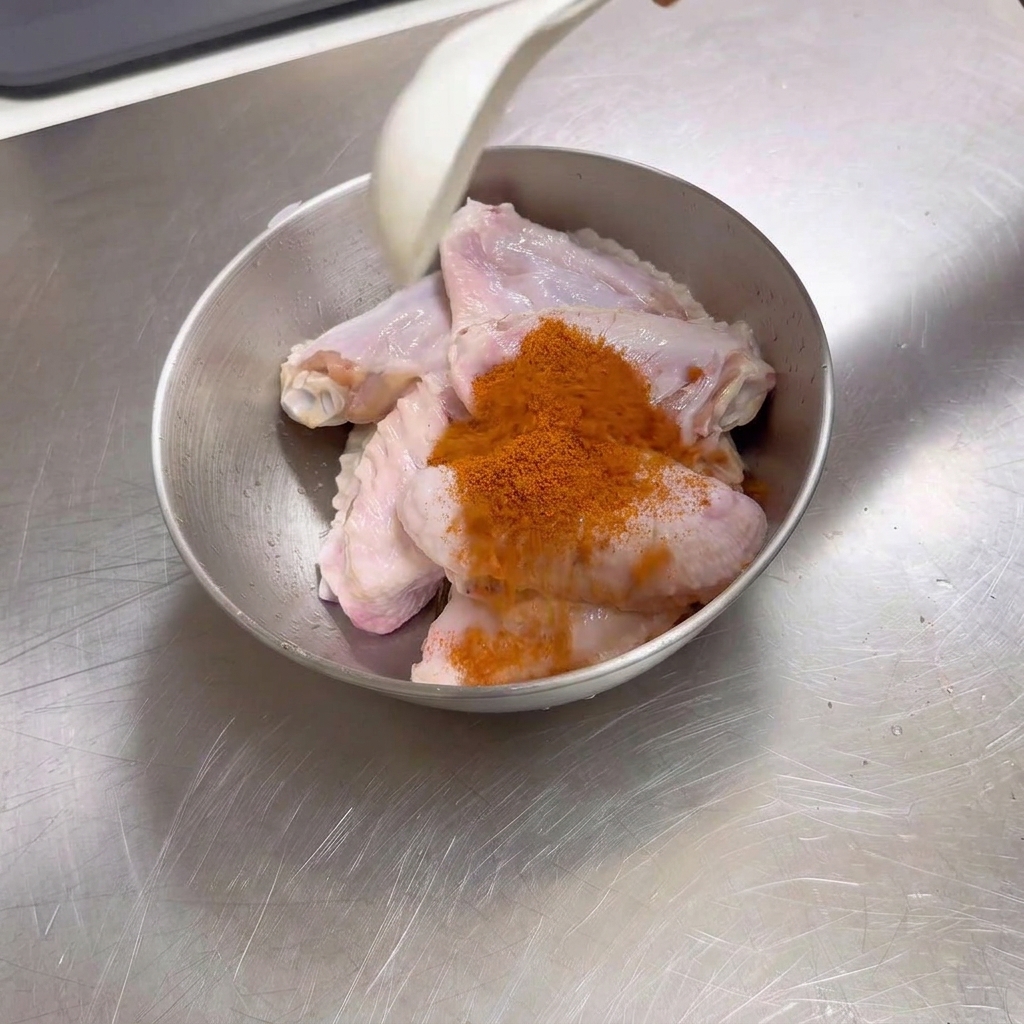 Sazonador en polvo Orleans de color naranja brillante sobre alitas de pollo crudas en un bol de metal, con una cuchara blanca encima.