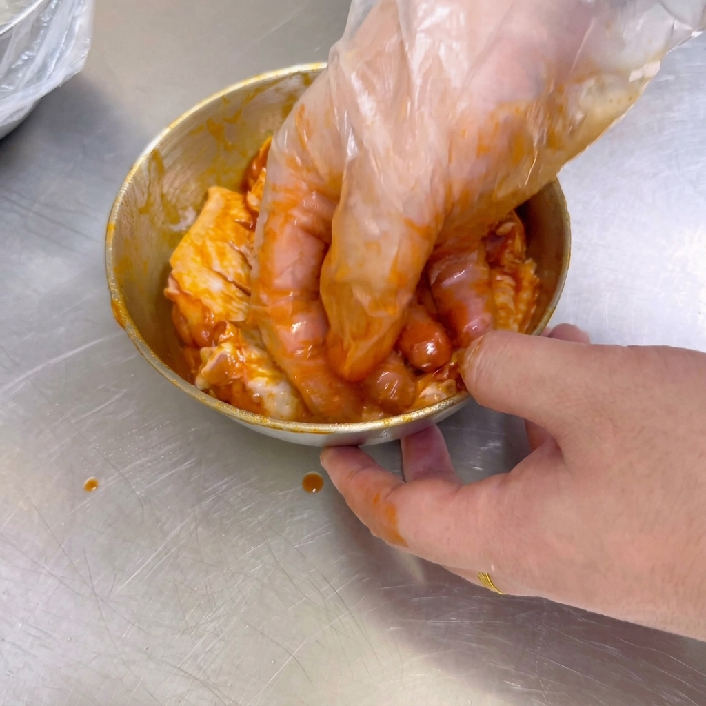 Una mano con guante mezcla bien alitas de pollo crudas con una pasta de marinado Orleans de color naranja brillante en un bol de metal.