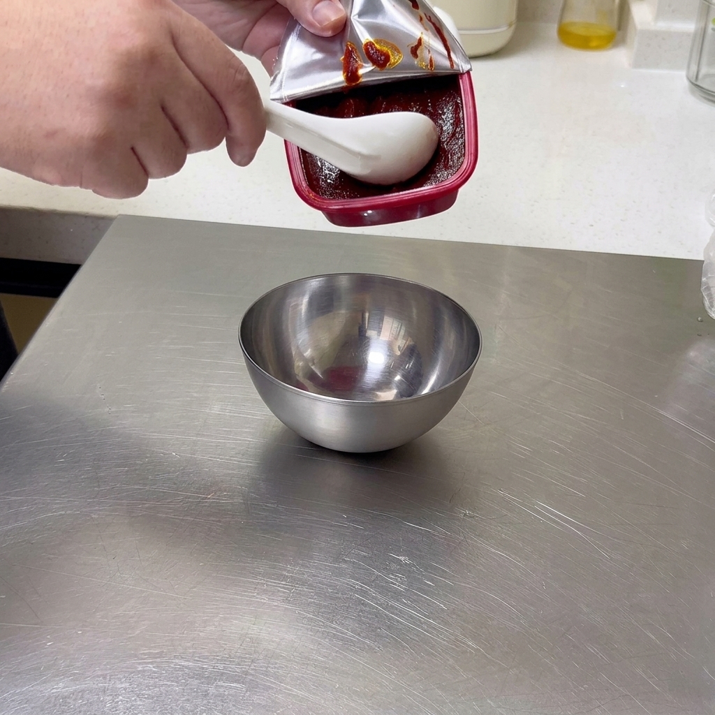Una cuchara de cerámica blanca saca pasta de chile rojo espesa de su envase para ponerla en un pequeño bol de acero inoxidable.