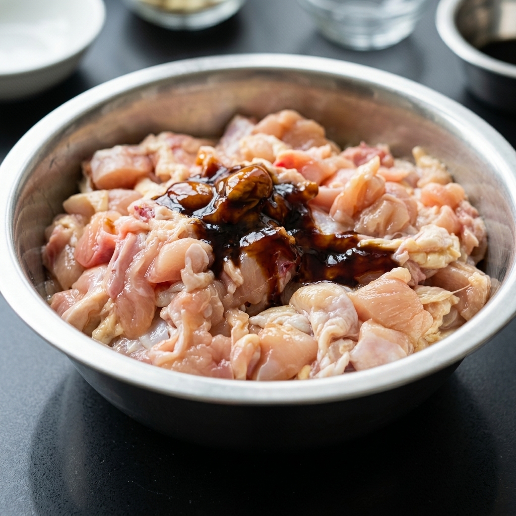 Trozos frescos de contramuslo de pollo crudo en un tazón de acero inoxidable con una cucharada de salsa de soja ligera y salsa de ostras espesa por encima.