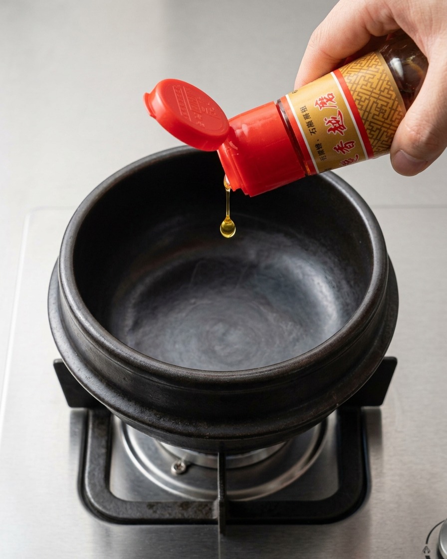 Aceite de sésamo aromático vertiéndose desde una botella de vidrio con tapa roja en una olla de piedra negra vacía sobre la estufa.