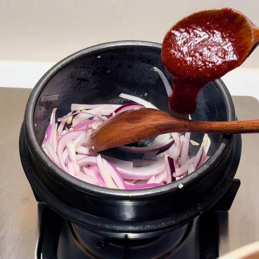 Una cucharada de madera añadiendo una salsa de chile roja y espesa a la cebolla morada rebanada en una olla de piedra negra.