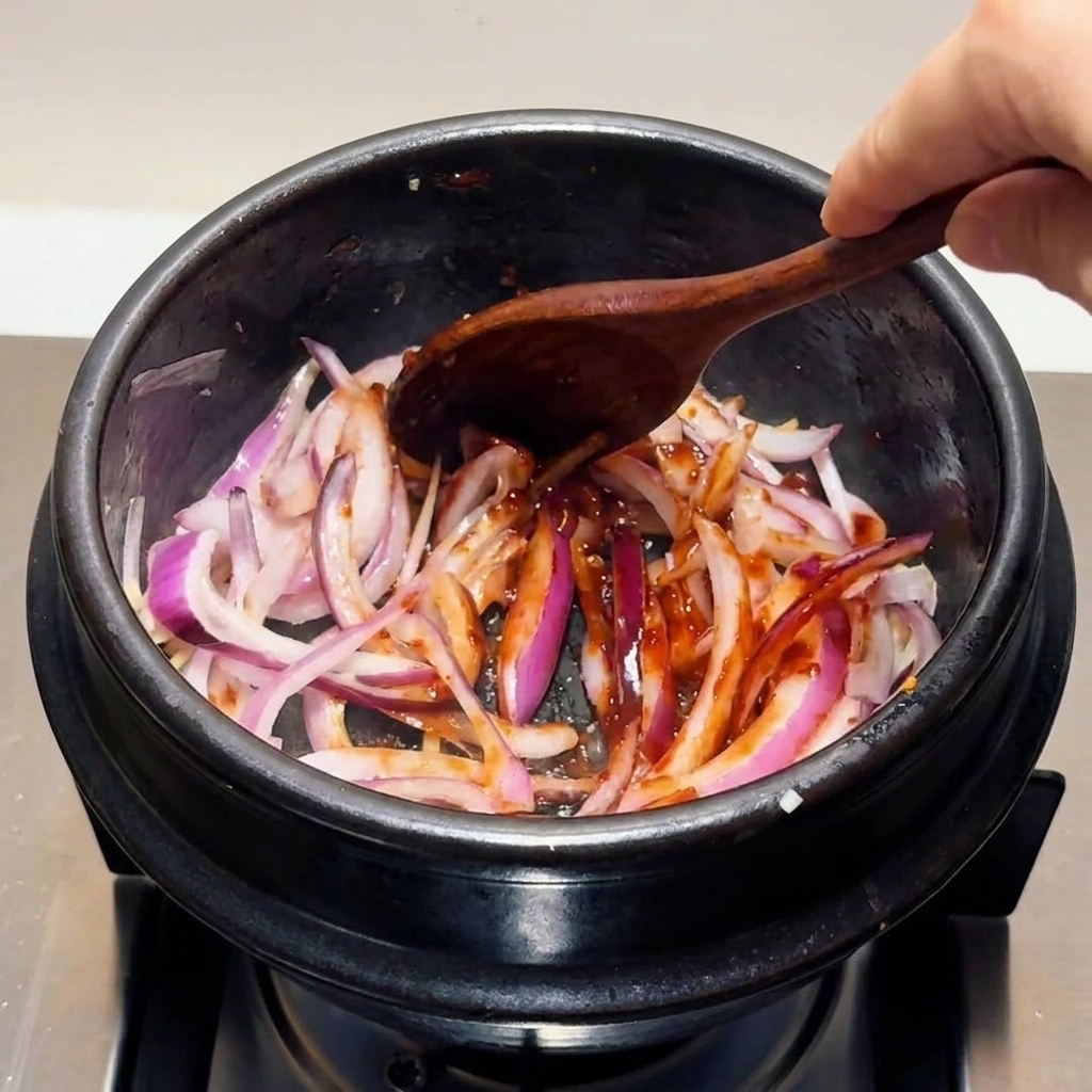 Rebanadas de cebolla morada completamente cubiertas con una salsa de chile coreana de color rojo oscuro mientras se mezclan con una cuchara de madera en una olla de piedra.