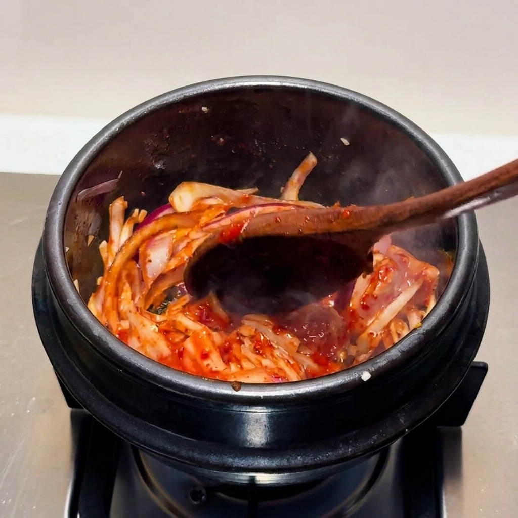 Kimchi agrio y cebolla morada salteándose activamente con una cuchara de madera en una olla de piedra humeante.