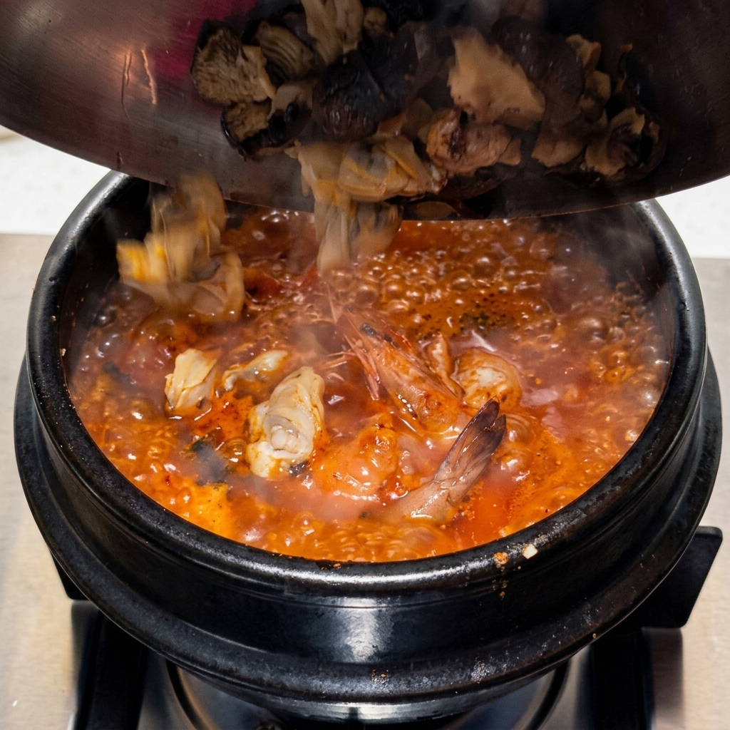 Almejas frescas y un camarón entero introduciéndose en un caldo de sopa de kimchi rojo que hierve a borbotones.