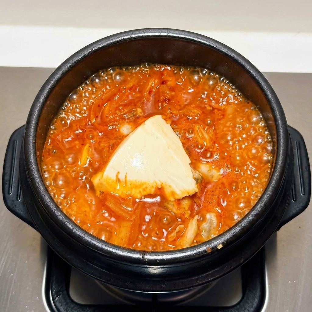 Un trozo grande de tofu suave y blanco reposando en el centro de una sopa de mariscos y kimchi rojo que hierve a borbotones.