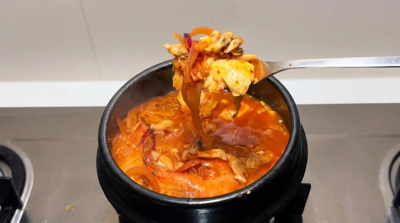 Auténtico estofado coreano de kimchi con almejas (Kimchi-jjigae)