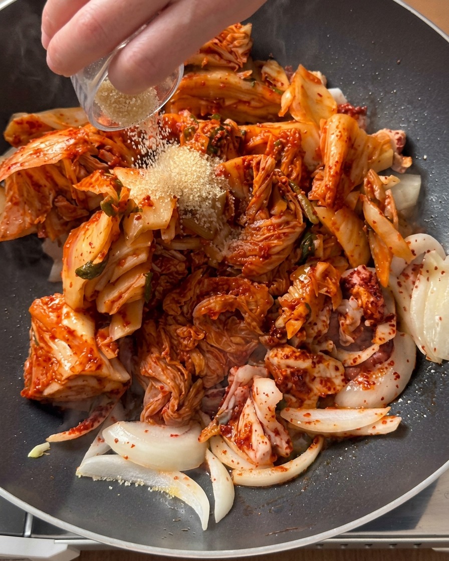 Azúcar mascabado siendo espolvoreado desde un cuenco pequeño sobre una mezcla de kimchi troceado y cerdo en una olla.
