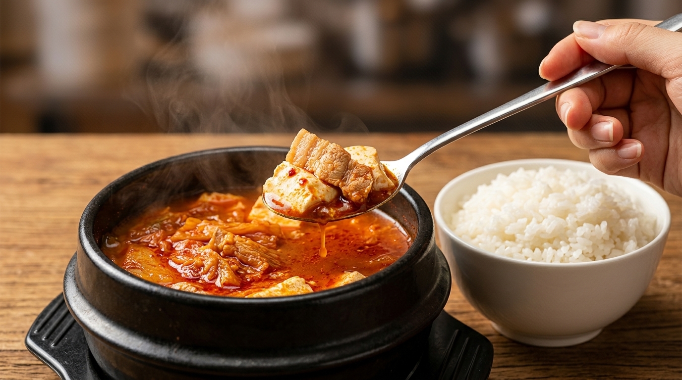Una cucharada bien caliente de Kimchi Jjigae con panceta de cerdo tierna y tofu suave sobre un cuenco de arroz blanco al vapor
