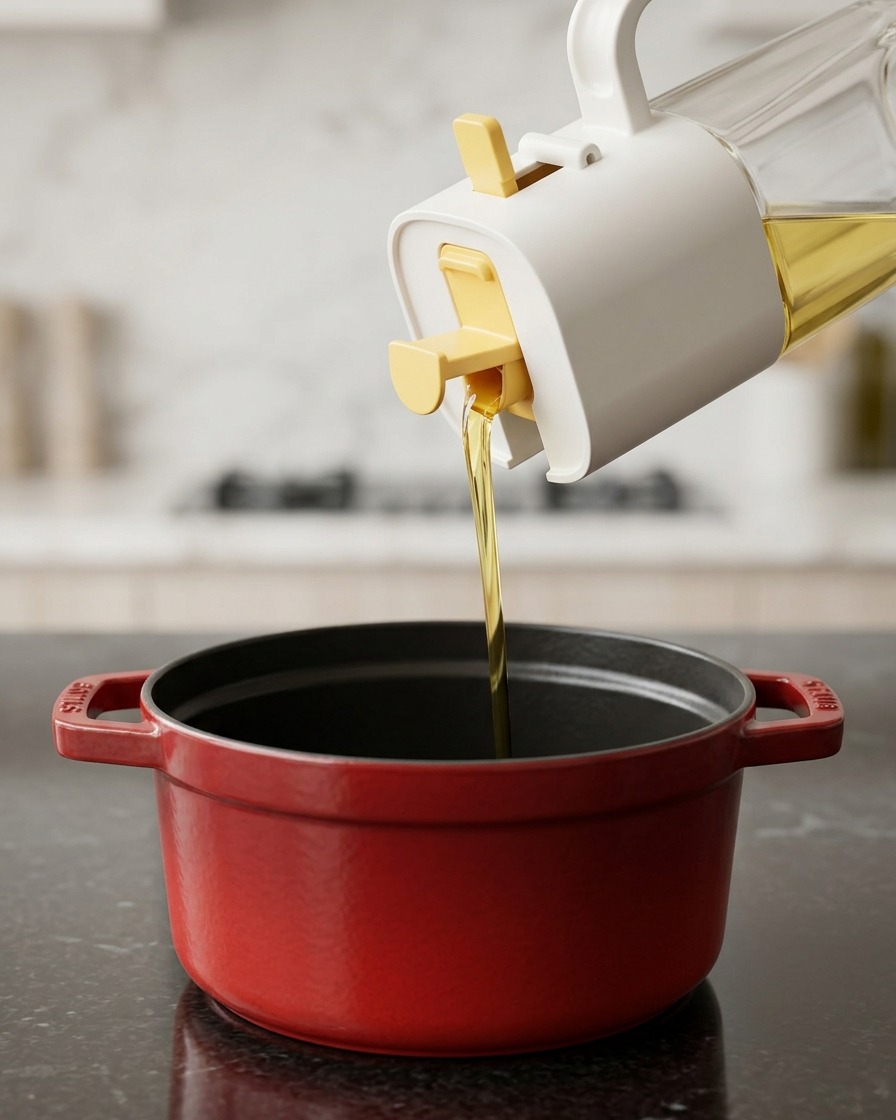 Vertiendo aceite de cocina amarillo desde un dispensador en una olla roja sobre la estufa.