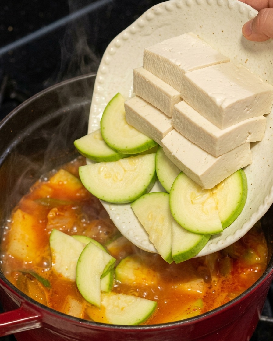 Deslizando rectángulos gruesos de tofu y medias lunas de calabacín verde desde un plato hacia el estofado rojo de kimchi hirviendo.