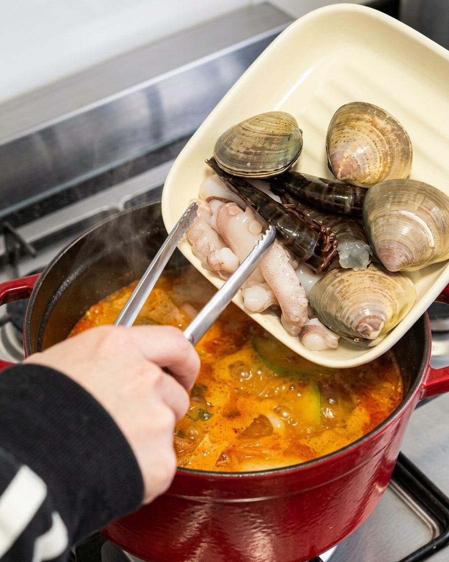 Usando pinzas para agregar almejas crudas, camarones enteros y tentáculos de pulpo desde un plato cuadrado hacia un estofado burbujeante.