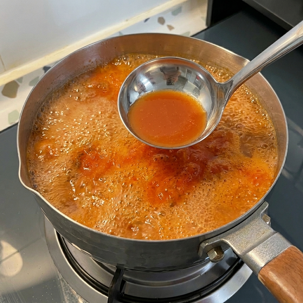 Un cucharón de metal retirando la espuma rojiza de la superficie de un estofado coreano hirviendo.