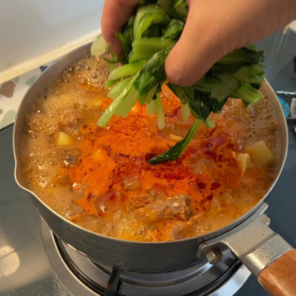 Una mano colocando un manojo de bok choy verde y blanqueado en una olla de estofado hirviendo.