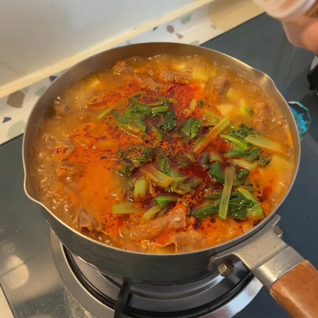 Una mano espolvoreando sazonador de res en polvo en una olla de estofado coreano con vegetales verdes.