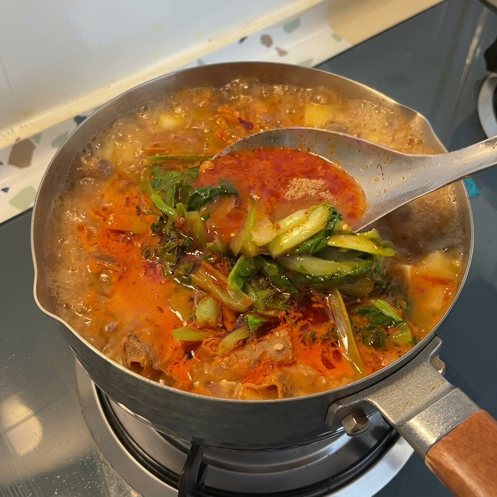 Una cuchara grande de metal removiendo un estofado coreano hirviendo cubierto con vegetales verdes y aceite de chile.