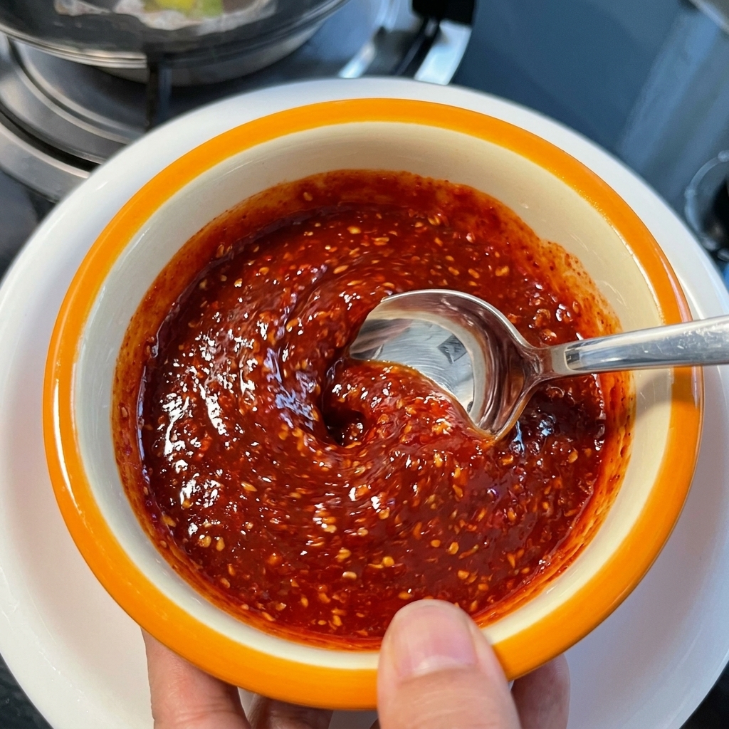 Una cuchara mixing una salsa de chile roja y brillante con semillas de sésamo en un pequeño tazón de cerámica.