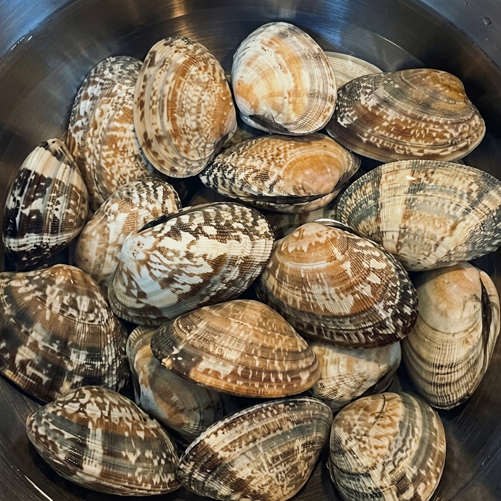 Almejas frescas enteras sumergidas en un recipiente de acero inoxidable lleno de agua salada limpia.