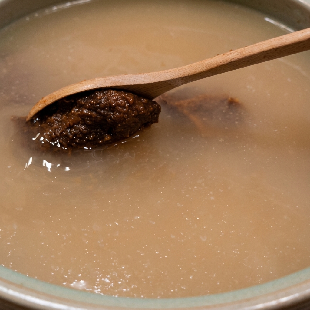 Una cuchara de madera sosteniendo una porción de pasta de soja coreana de color marrón oscuro sobre una olla con líquido turbio hirviendo a fuego lento.