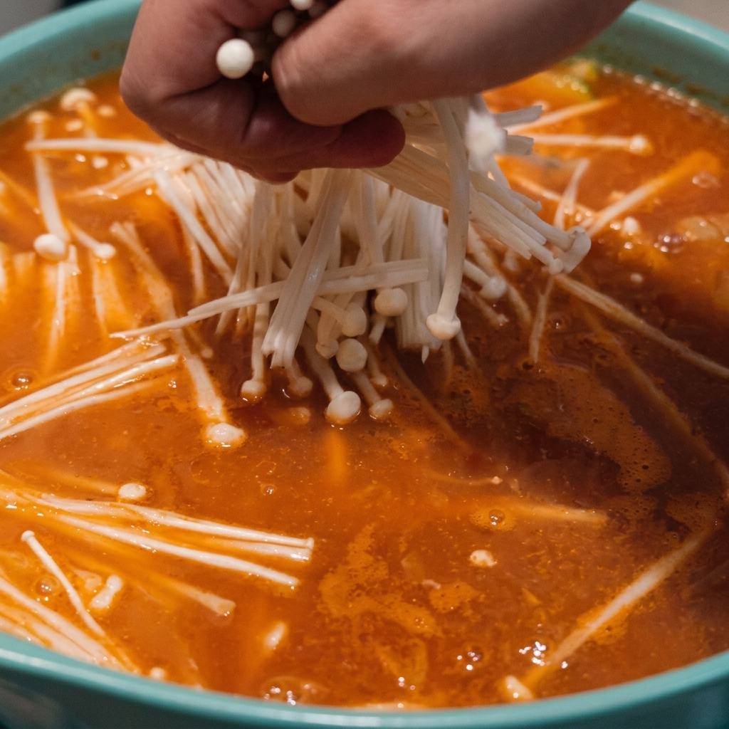Una mano introduciendo un manojo de setas enoki frescas y blancas en un estofado naranja que hierve dentro de una olla verde azulada.