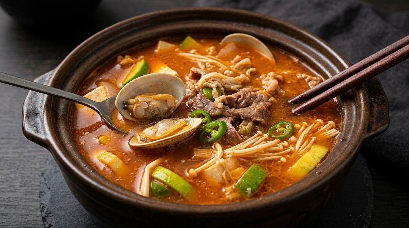 Receta clásica de Doenjang Jjigae coreano (Estofado de pasta de soja con ternera y almejas)