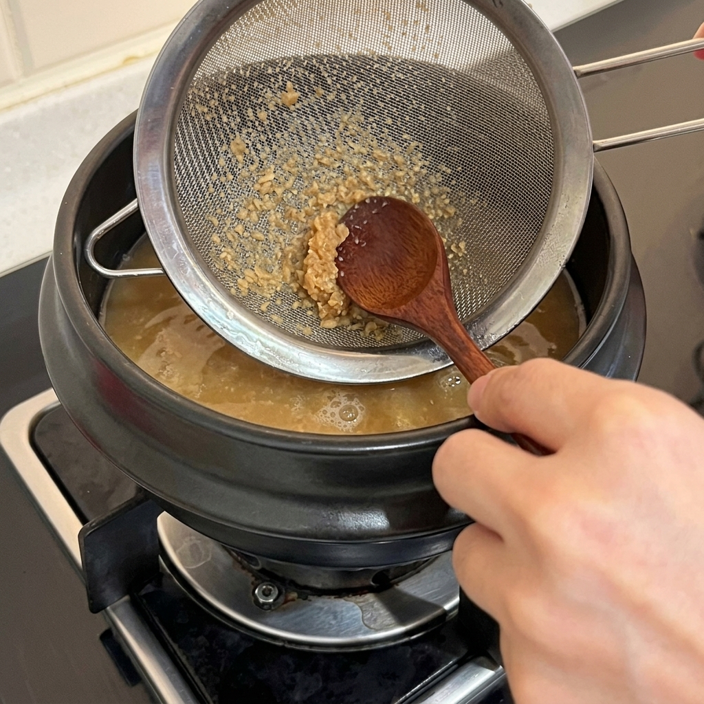Una mano usando una cuchara de madera para disolver pasta de soja coreana a través de un colador de metal en una olla con agua.