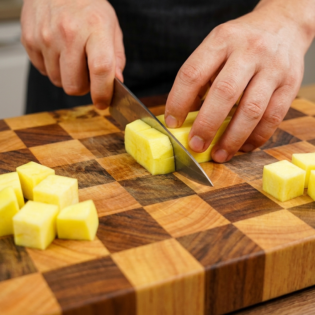 Un chef cortando un calabacín amarillo en dados pequeños sobre una tabla de cortar de madera.