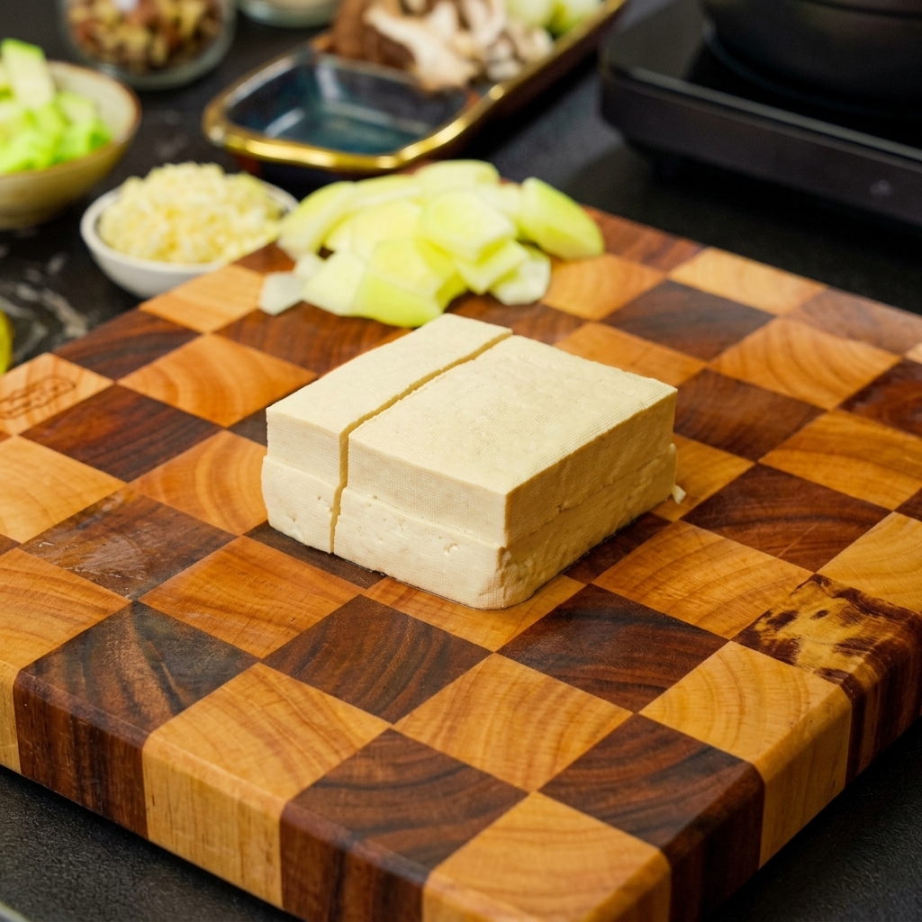 Un bloque de tofu blanco siendo cortado en porciones sobre una tabla de cortar de madera.