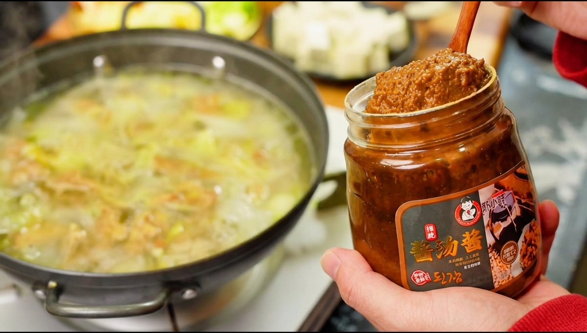Una cuchara de madera con una porción generosa de pasta de soja coreana junto a un frasco, con una olla hirviendo al fondo.