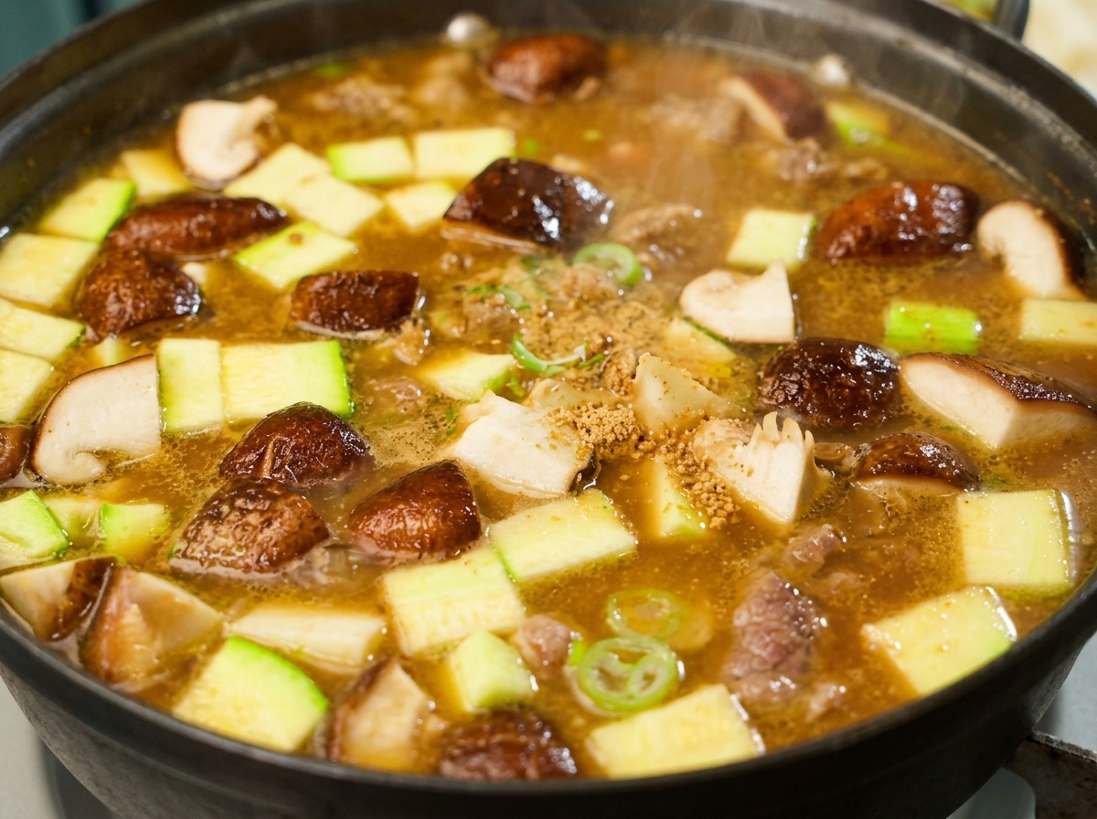 Una cucharada de ajo picado y sazonador de ternera en polvo introduciéndose en una olla hirviendo de sopa de pasta de soja coreana con calabacín y setas shiitake.