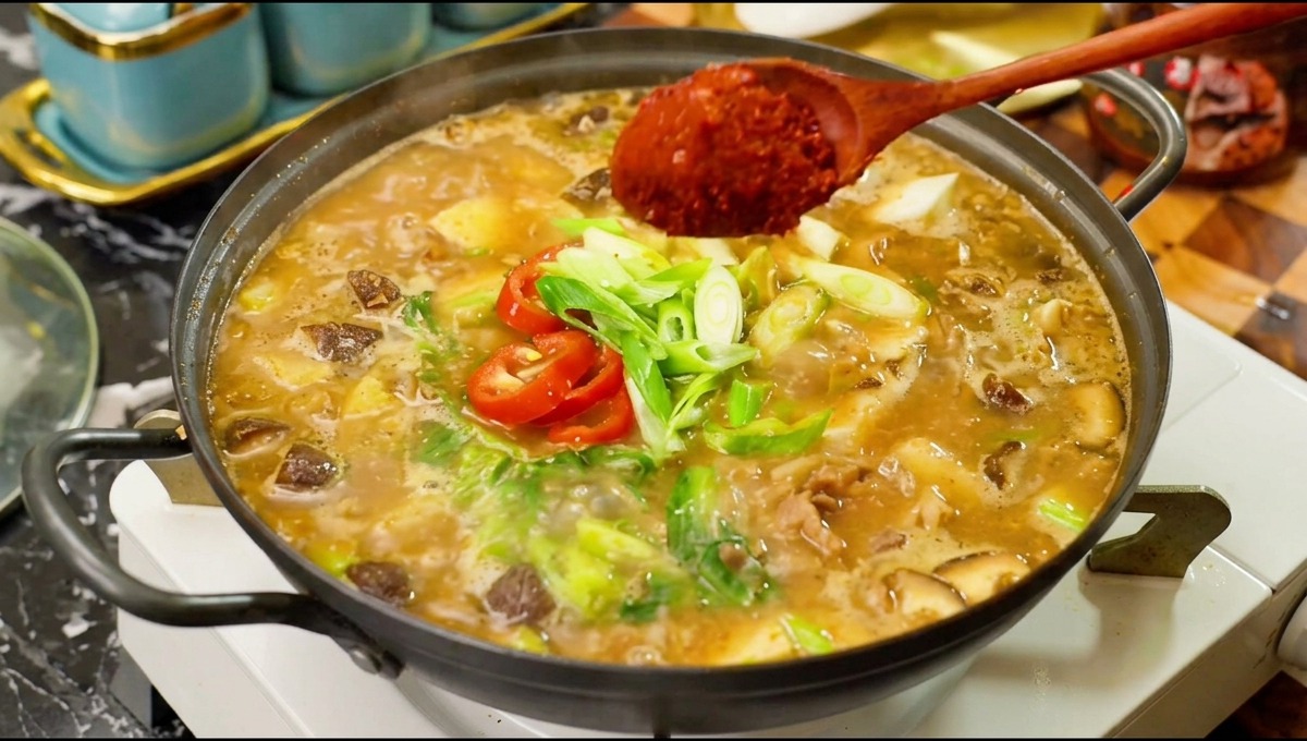 Una cuchara de madera agregando una buena porción de chile rojo brillante en polvo a una olla hirviendo de sopa de pasta de soja coreana con ternera, setas y chiles frescos.