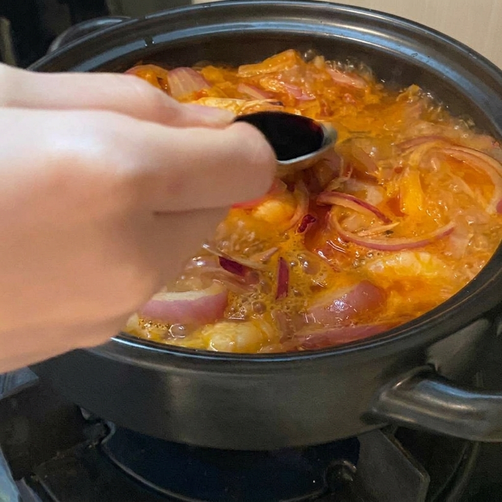 Una mano usando una cuchara para verter un condimento líquido oscuro en un caldo de sopa burbujeante de color rojo anaranjado lleno de cebollas y camarones.