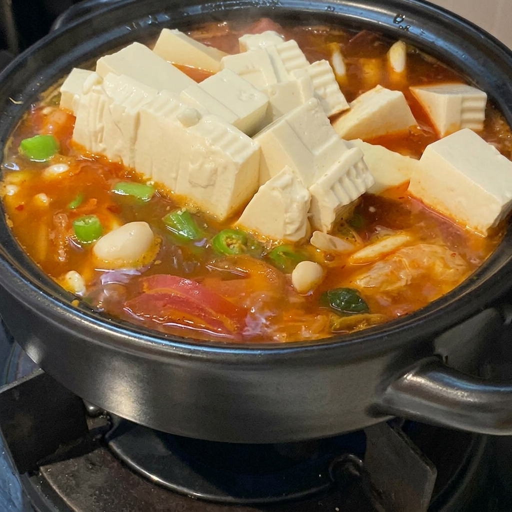 Cubos grandes de tofu blanco suave apilados ordenadamente sobre una sopa de kimchi roja vibrante que hierve a fuego lento con chiles verdes y cebollas rebanadas.