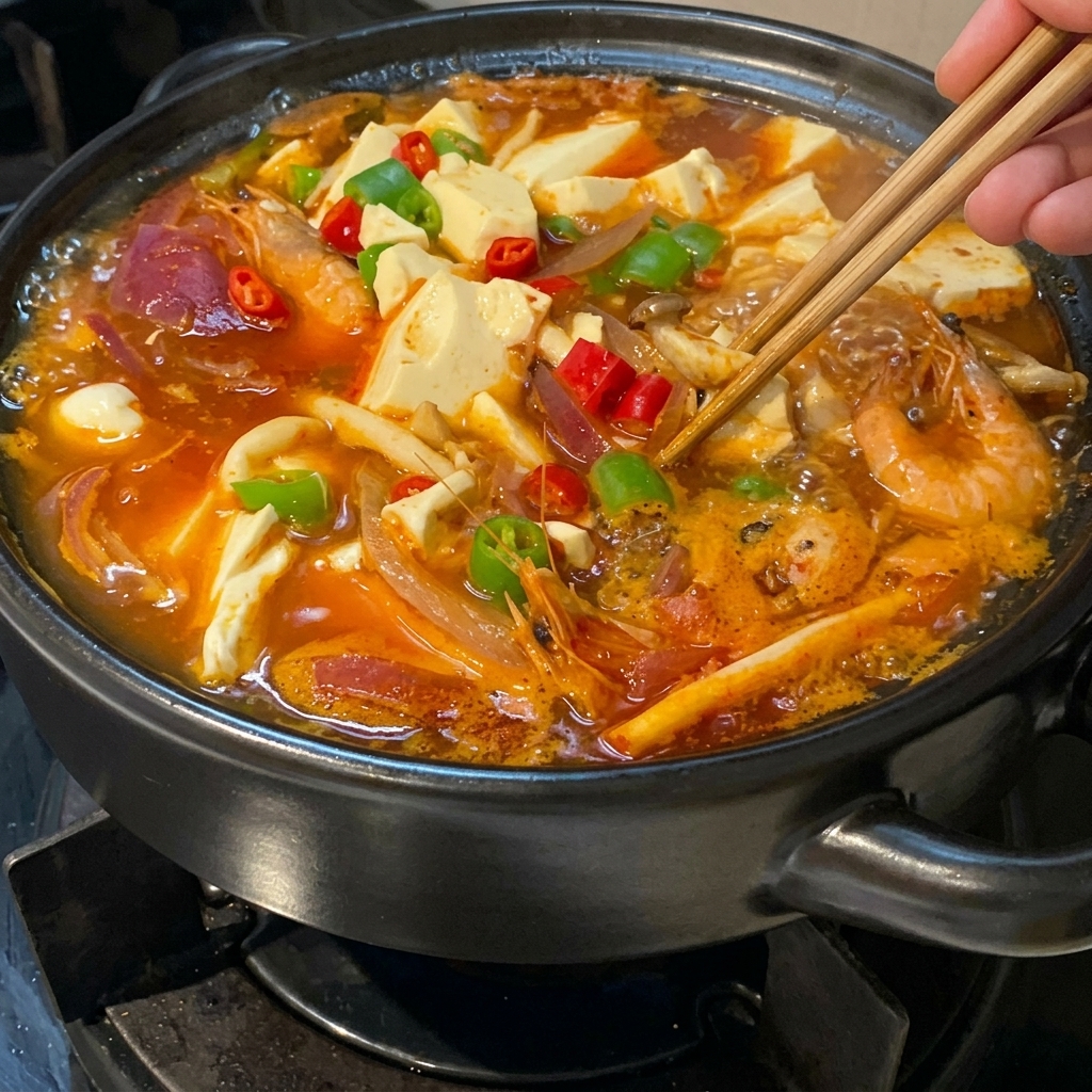 Una olla de barro terminada con sopa de kimchi roja hirviendo con cubos de tofu suave, camarones y cebollas rojas, decorada con chiles verdes y rojos picados, siendo acomodada con palillos de madera.