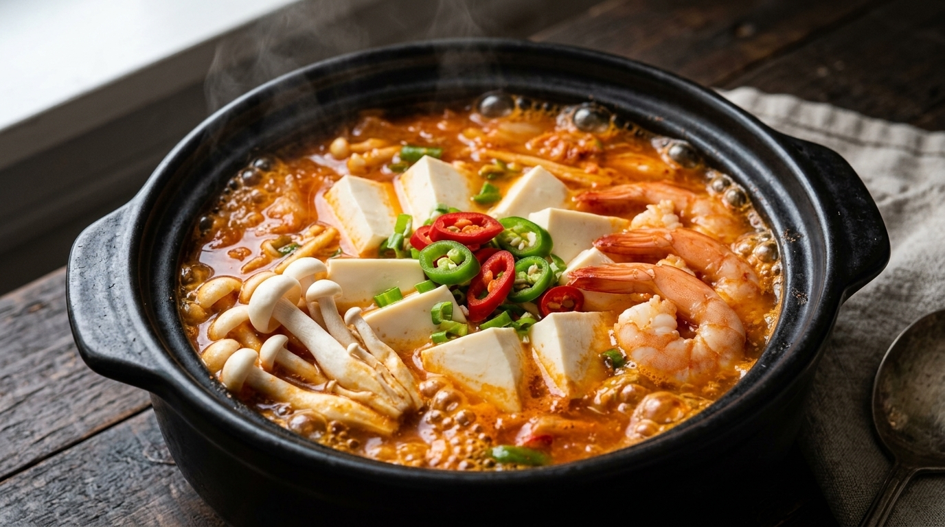 Sopa reconfortante de tofu y kimchi con camarones (Soondubu Jjigae)