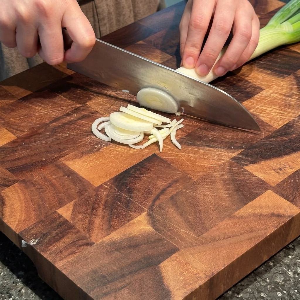 Manos cortando la parte blanca de las cebolletas en tiras finas y alargadas sobre una tabla de cortar de madera con un cuchillo de chef.