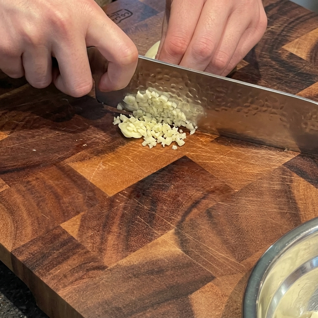 Manos picando finamente dientes de ajo frescos en trozos muy pequeños sobre una tabla de cortar de madera.