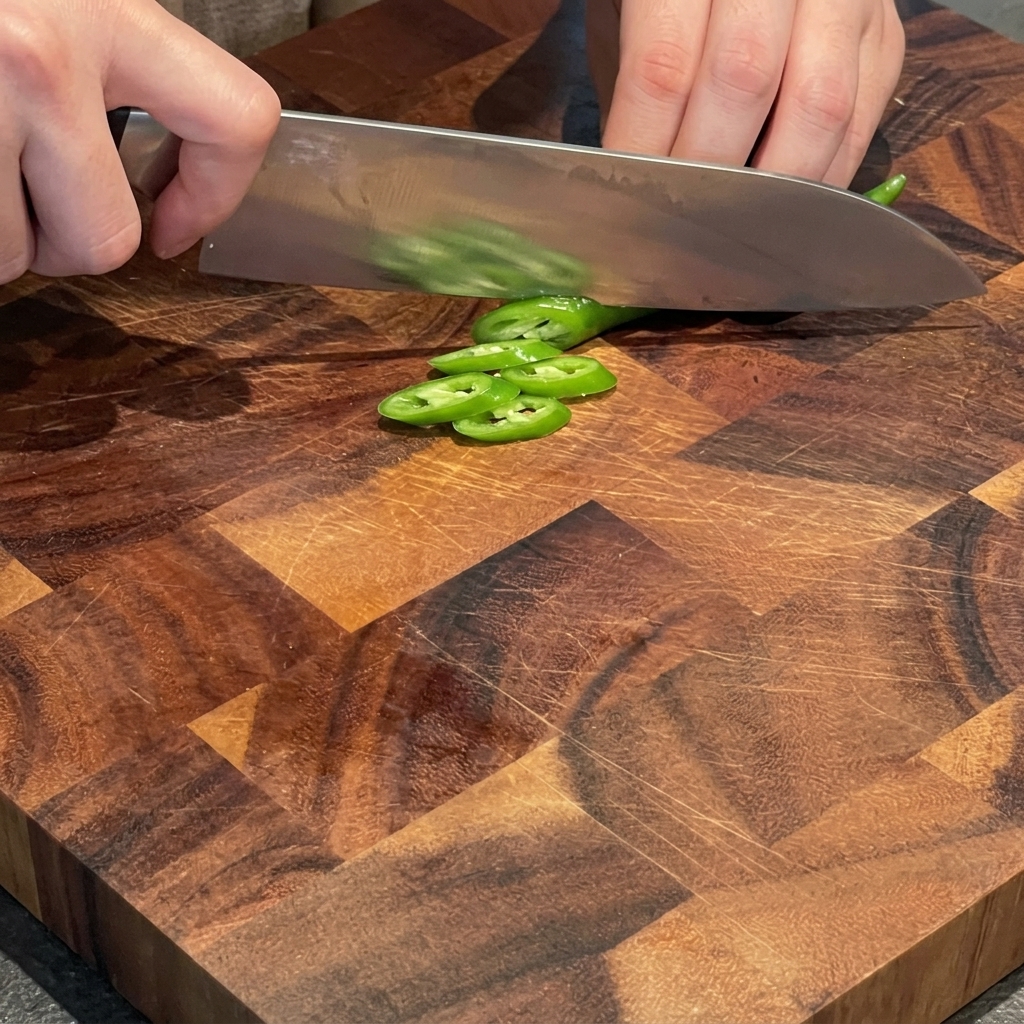 Manos cortando chiles verdes diagonalmente en rodajas finas sobre una tabla de cortar de madera.