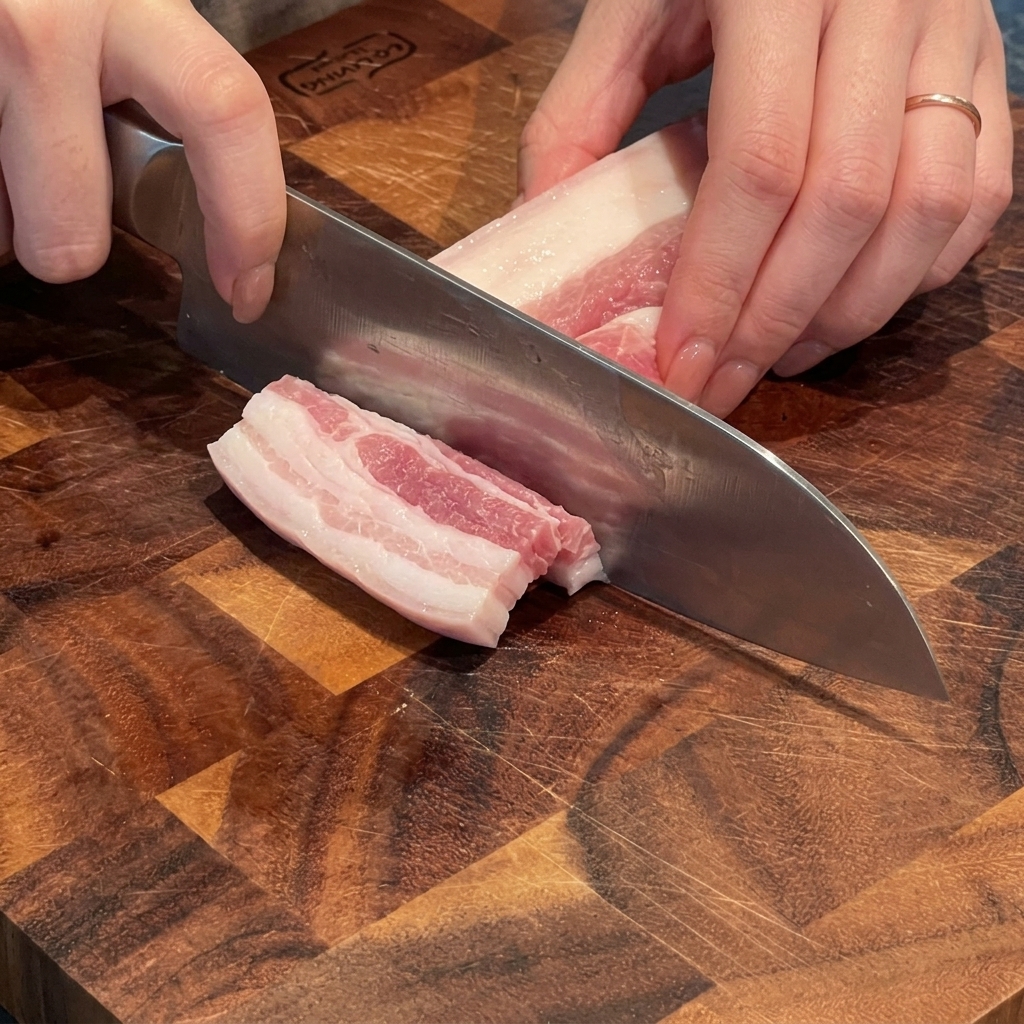 Manos cortando un trozo de panceta de cerdo cruda en pedazos gruesos de tamaño bocado sobre una tabla de cortar de madera.