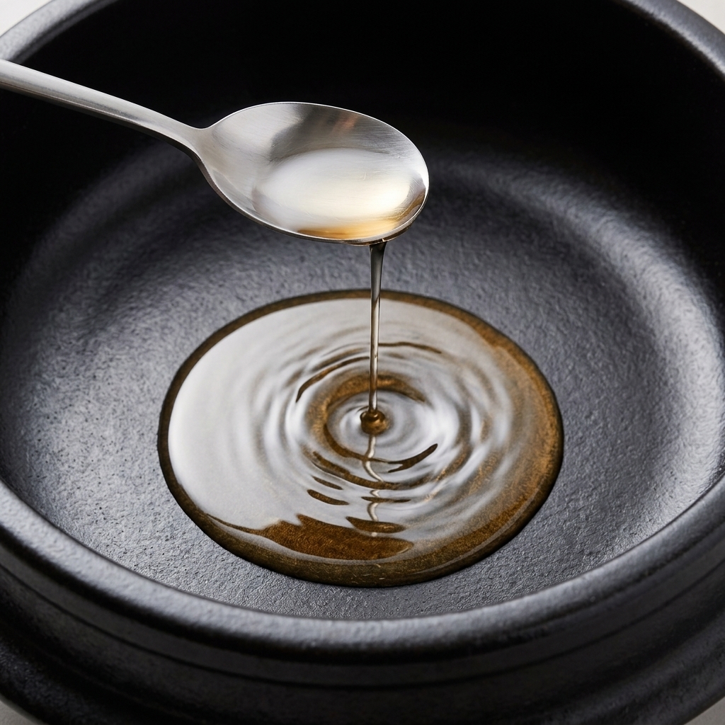 Aceite vegetal y de sésamo vertiéndose desde una cuchara de acero inoxidable en una olla de piedra negra.