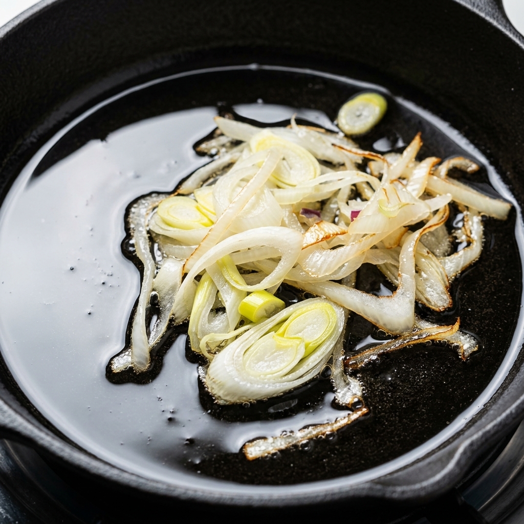 Cebolletas picadas y cebollas moradas chisporroteando en una sartén bien aceitada a fuego medio.