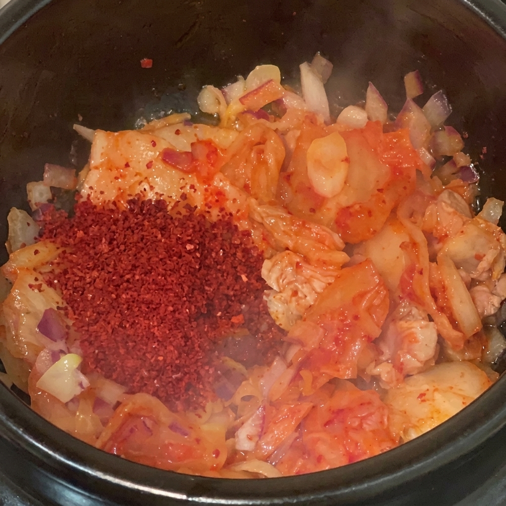 Una llamativa pila de chile en polvo coreano fino y grueso colocada sobre el kimchi picado y la panceta en una olla.